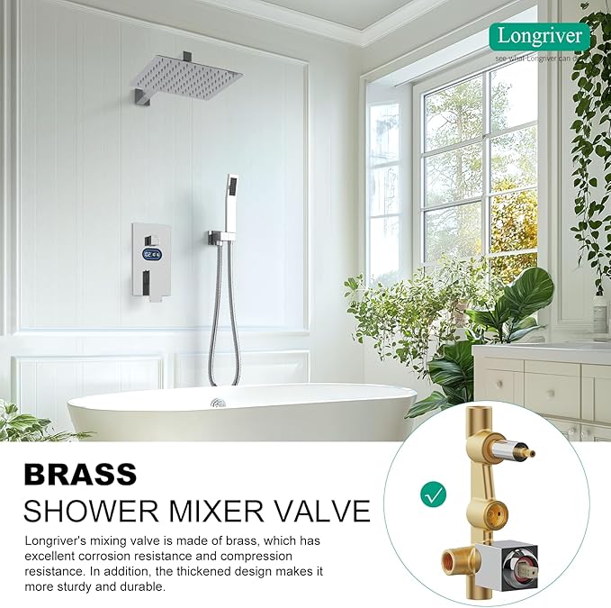 Shower Faucet Set with Hydro Power Temperature Display, Shower System Bathroom 10 Inches Shower Head with Handheld Spray, Wall Mounted Shower Fixtures with Shower Valve and Trim Kit, Polished Chrome