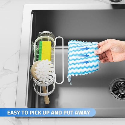 Cisily Kitchen Sink Caddy Sponge Holder in The Sink, Stainless Steel Kitchen Sink Organizer, Brush Holder, Dish Cloth Hanger, Sink Stopper Holder with Suction & Adhesives Installation Ways (White