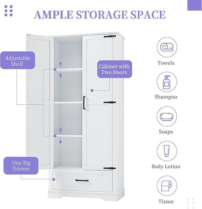 Favfurish 69" Tall Bathroom Storage Cabinet with Doors and Drawer,Modern Linen Cabinets w/Adjustable Shelf and Anti-Toppling Device,Freestanding Organizer for Bath Room,Study,Office,Kitchen White