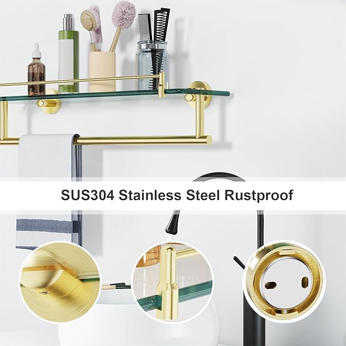 Towel Rack with Tempered Glass Shelf for Bathroom 20 Inch, Brushed Gold Floating Wall Mount Storage
