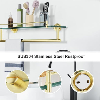 Towel Rack with Tempered Glass Shelf for Bathroom 20 Inch, Brushed Gold Floating Wall Mount Storage