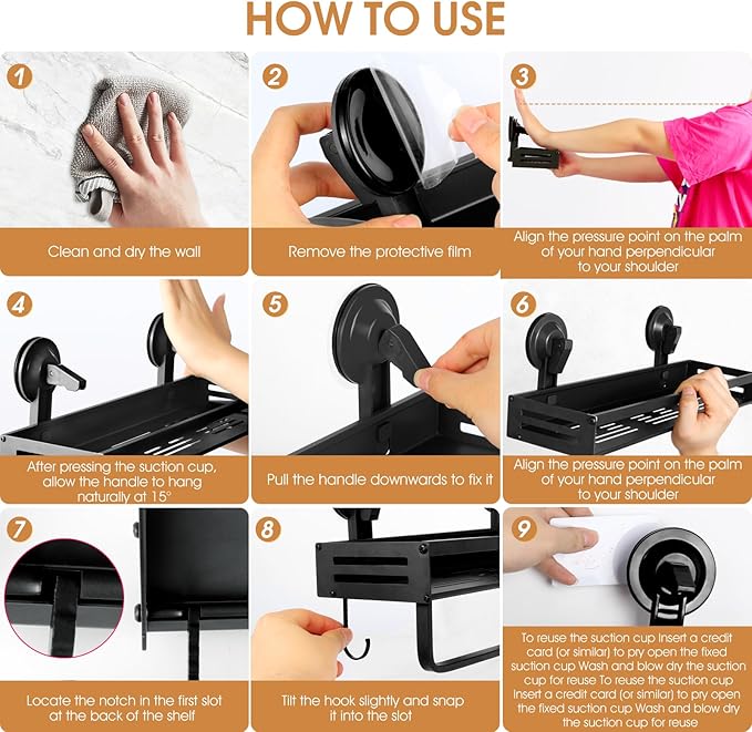 Shower Caddy Suction Cup, 15.8 inch Suction Shower Shelf with Hooks NO-Drilling Bathroom Holder, Rustproof Bathroom Organizer, Black