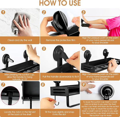 Shower Caddy Suction Cup, 15.8 inch Suction Shower Shelf with Hooks NO-Drilling Bathroom Holder, Rustproof Bathroom Organizer, Black