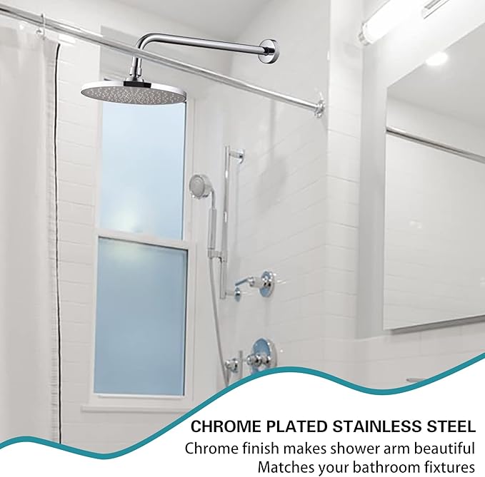 16 Inch Shower Arm with Flange,Stainless Steel 90 Degree Rain Shower Head Extension Arm,Wall-Mounted Shower Head Arm for Fixed Shower Head,Chrome