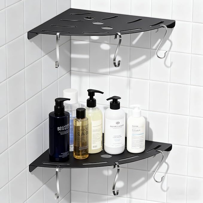 Shower Corner Shelf 304 Stainless Steel Shower Caddy 2 Tier Shower Organizer Niche with Extra 6 Hangers Shelves 40 lbs Large Capacity Shower Shelf for Inside Anti-Rust Drilling Installation(Black)