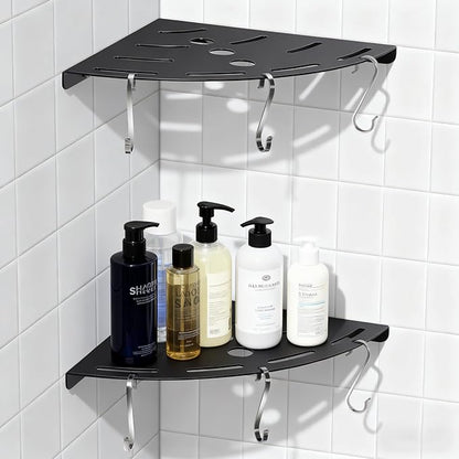 XIHLZYEH Corner Shower Shelves, 2 Pack 304 Stainless Steel Shower Shelf with 6 Hooks 40 lbs Heavy Duty, Rustproof Wall Mounted Organizer for Bathroom Drilling Installation(Black)