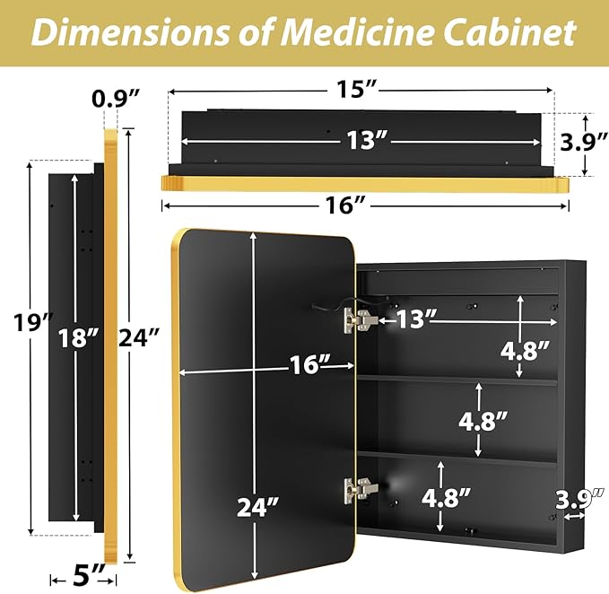 APRILSOUL 16X24 Inch Gold Bathroom Medicine Cabinet with Mirror, Recessed or Surface Lighted Medicine Cabinet with 3 Colors Temperature, Dimmable Light