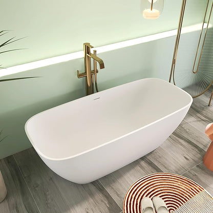 67" Premium Solid Surface Freestanding Bathtub, Upgraded Modern Design Stand Alone Tub with Overflow and Pop-up Drain, Matte White