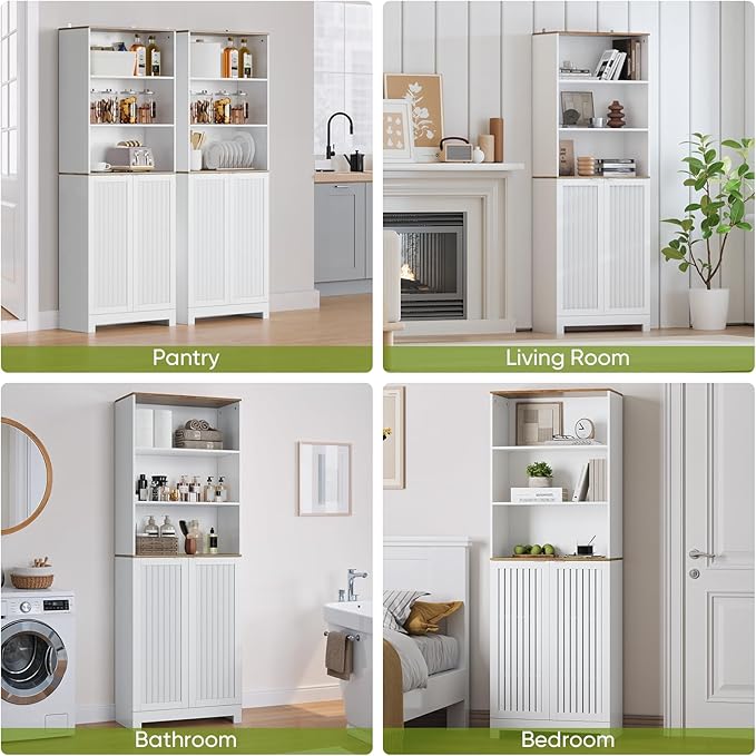 66.8" Tall Storage Cabinet with 2 Louvered Doors and 3 Open Shelves, Bathroom Storage Unit, Adjustable Shelves, Floor Cabinet for Bathroom, Office, Kitchen, White