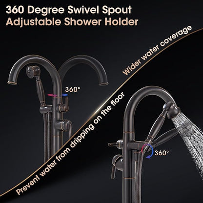 Freestanding Tub Faucets Bathroom Floor Mounted Waterfall Tub Filler Brass High Flow Swivel Spout&Hand Shower Oil Rubbed Bronze