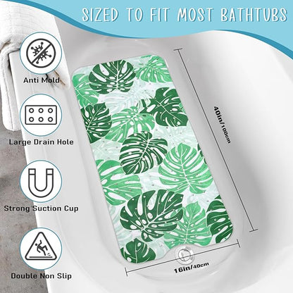 Tropical Leaves Bathtub Mat Non Slip, Boho Bath Tub Mat Baby Bath Mats for Bathroom Anti Slip Shower Mats for Inside Shower, Green Plants Bathmat with Suction and Drain Holes Machine Washable, 40″x16″