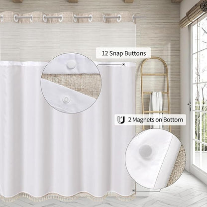 MitoVilla No Hooks Required Farmhouse Shower Curtain with Snap-in Liner - with Window & Magnets, Boho Cotton Linen Fabric Shower Curtains with Tassels for Rustic Bathroom Decor, Tan/Taupe, 72 x 74