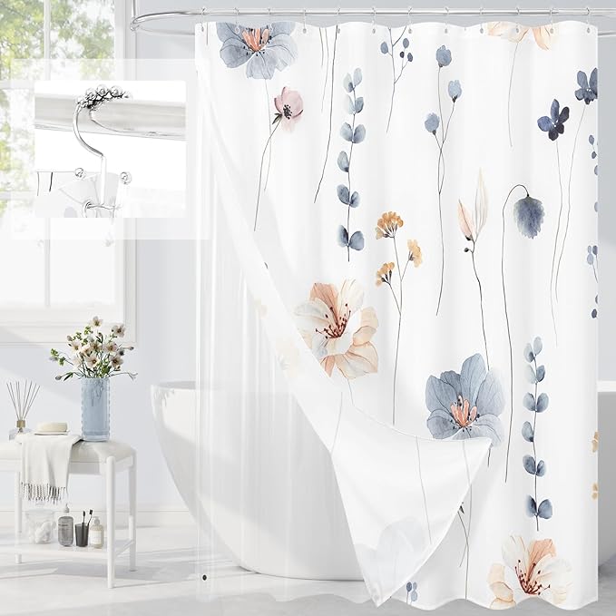 Gibelle 3 in 1 Shower Curtain Set, Blue Watercolor Floral Bath Curtain and PEVA Liner Set with 12 Double Sided Steel Hooks, Waterproof Fabric Bathroom Curtain 72x72