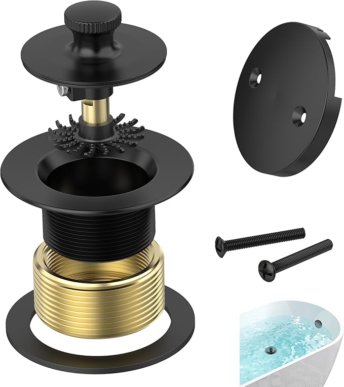 Matte Black Bathtub Drain, Hair Catcher and 2-Hole Overflow Faceplate, 11.5/16 UNC, Lift and Turn Bathtub Drain Replacement, Tub Drain Stopper