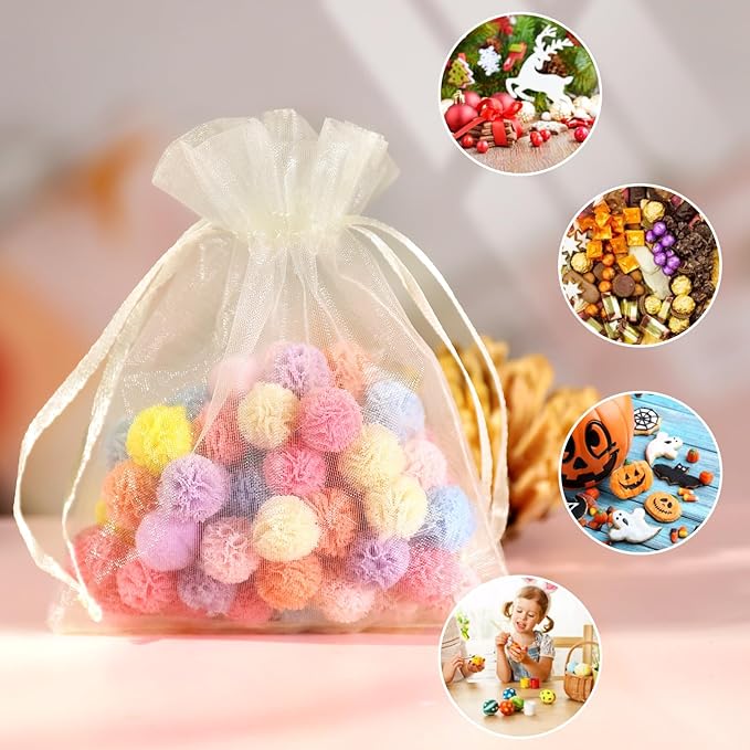 Hopttreely 100pcs Organza Bags, 4''x4.72'' Pastel Yellow Satin Drawstring Organza Pouch Wedding Party Favor Gift Bag Jewelry Watch Bags