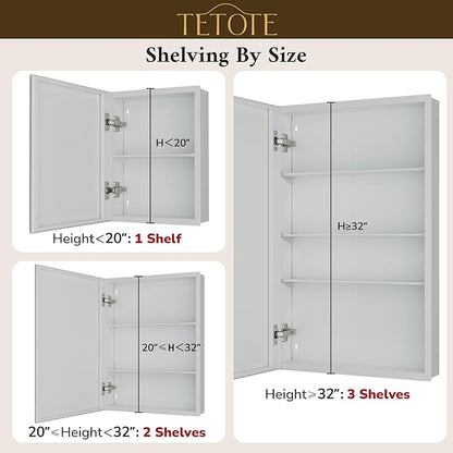 TETOTE 48 x 32 Medicine Cabinet with Tempered Beveled Mirror White Medicine Cabinet with Mirror Aluminum Cabinet DTC Hinges, Stepless Adjustable Shelves, Recessed/Surface-Mounted