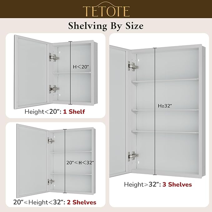 TETOTE 20 x 32 Medicine Cabinet with Mirror with Tempered Beveled Mirror White Medicine Cabinet Aluminum Cabinet DTC Hinges, Stepless Adjustable Shelves, Recessed/Surface-Mounted
