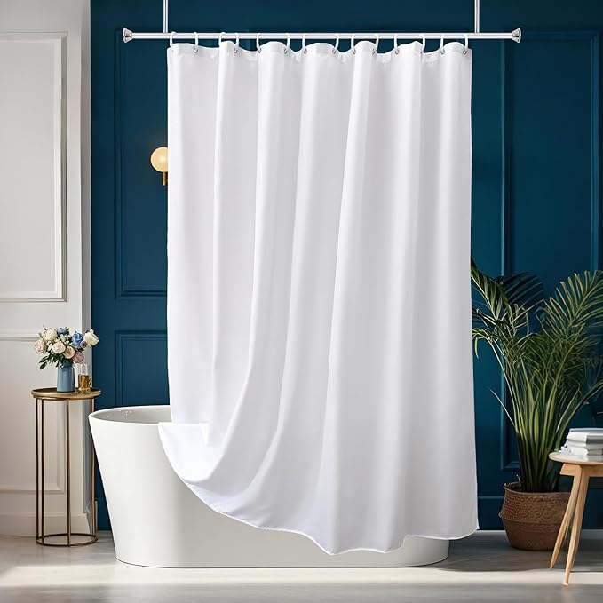 AooHome Hotel Shower Curtain Liner, Fabric Shower Curtain with Hooks, Waterproof, Weighted Hem, 72 x 72 Inch, White