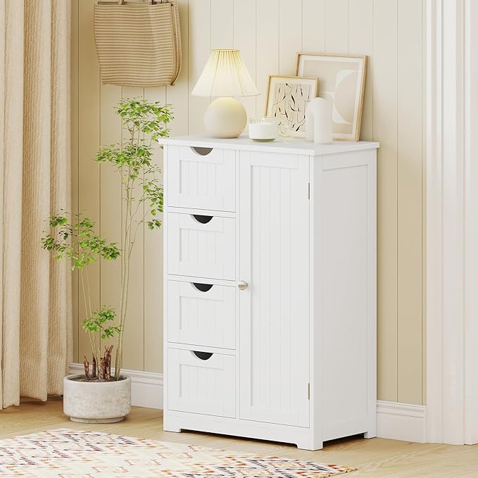 Giantex Storage Cabinet with 4 Drawers, Bathroom Storage Organizer with Cupboard, Adjustable Shelf, Anti-Toppling Device, Floor Cabinet, Entryway Storage Unit Console Table, White