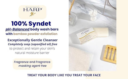 HARP pH-Balanced (5.0-6.0) Exfoliating Body Wash Bar - FRAGRANCE FREE. Bamboo Powder Exfoliation -the perfect consistency. Soap/Lye/Preservative/Dye/Masking agent-Free. Non-comedogenic.