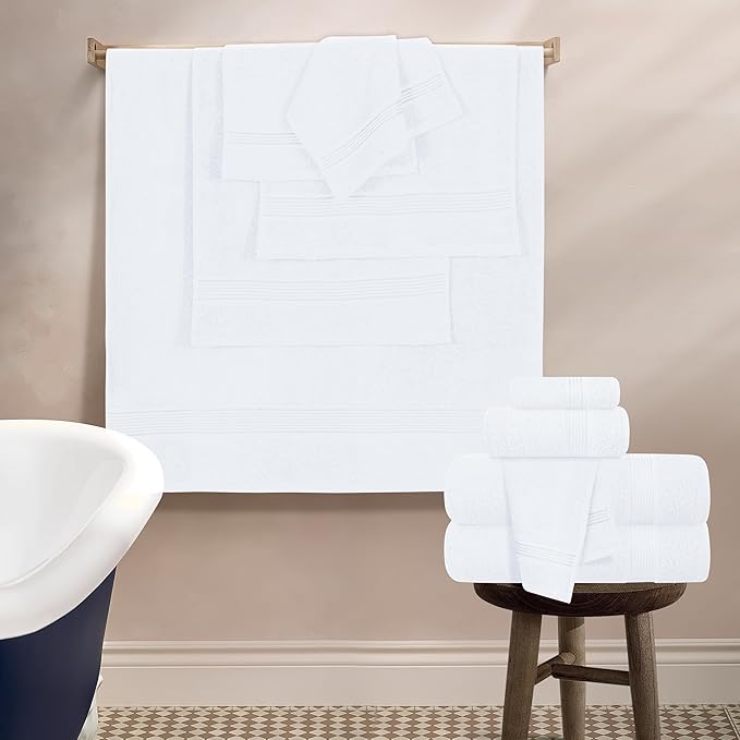 Belizzi Home 100% Cotton Towel Set, Contains 6 Soft Bath Towel, 6 Hand Towels, 12 Wash Cloths - Compact Absorbent Lightweight & Quickdry Towels for Bathroom - 24 Piece Bathroom Towel Set - White