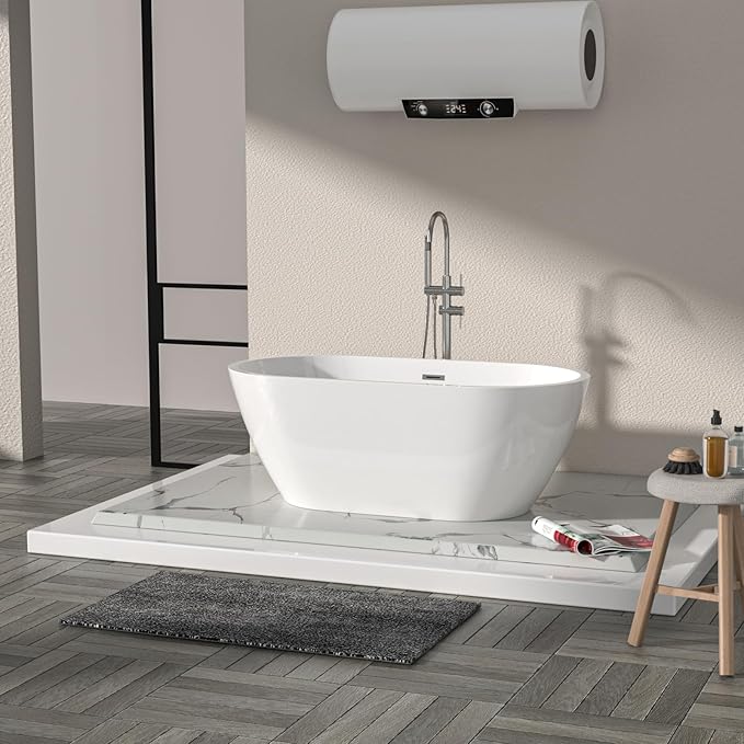 Logmey 59 Inch White Acrylic Freestanding Bathtub with Overflow Oval Shape Soaking Tub for Classic and Modern Bathrooms Chrome, Drain & Overflow Assembly Included