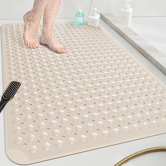 OTHWAY Extra Large Shower Mat 47"x 32", TPE Non Slip Shower Mat for Shower Stall, Inside Walk in Shower Mats with Drain Holes Suction Cups, Anti-Slip for Elderly Kids (Apricot)