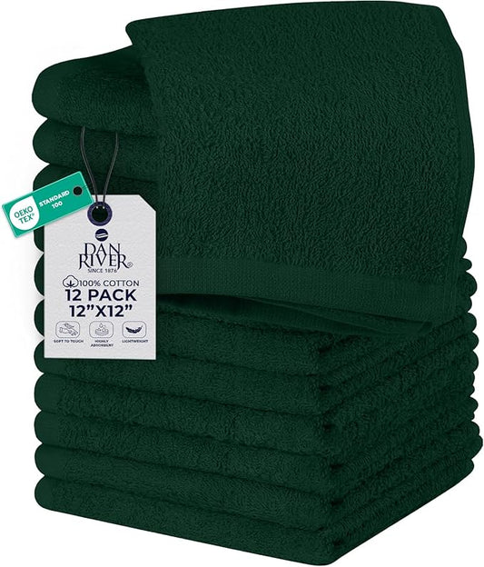 DAN RIVER 12 Pack Wash Cloths for Showering [12x12] - 100% Cotton Washcloths Premium Quality Flannel Face Cloths for Bathroom, Highly Absorbent and Soft Feel Wash Clothes, Hunter Green
