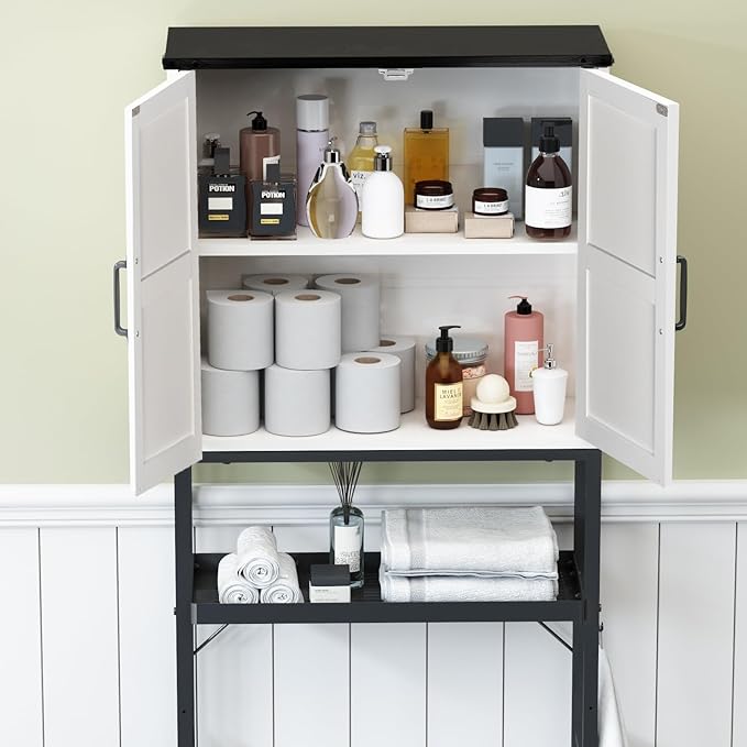 Over The Toilet Storage Cabinet, Bathroom Above Toilet Cabinet Organizer with Doors and Adjustable Shelves, Bathroom Shelf Organizer with Anti-Tip Device & Drain Rack, White