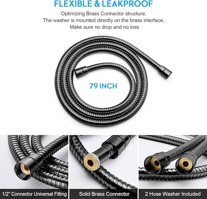 Shower Hose Extra Long 79 Inches Handheld Shower Head Hose with Brass Insert and Nut - Durable and Flexible(Matte Black)