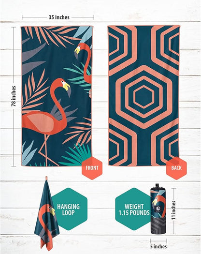 VENTURE 4TH Microfiber Beach Towel: Quick-Dry, Compact, Sand-Free, Absorbent, Sandproof and Lightweight - Perfect for Camping, Beach, and Roadtrips (Navy Flamingo Design | 35x78 inches)