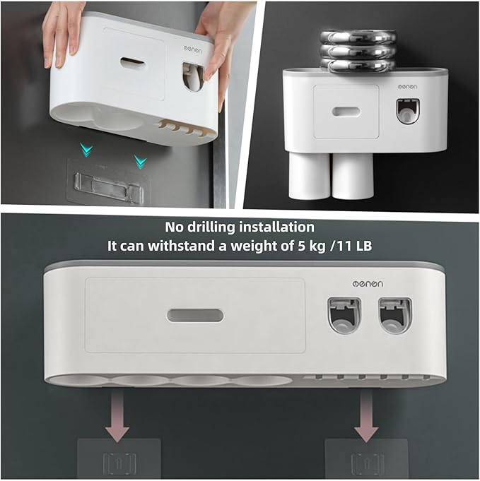 No-Drill Wall Mounted Toothbrush Holder, Bathroom Shelf, with Automatic Toothpaste Dispensers 4 Brush Hooks 3 Magnetic Cups 1 Cosmetic Drawer Organizer and Large Storage (1 Dispenser 3 Cups)