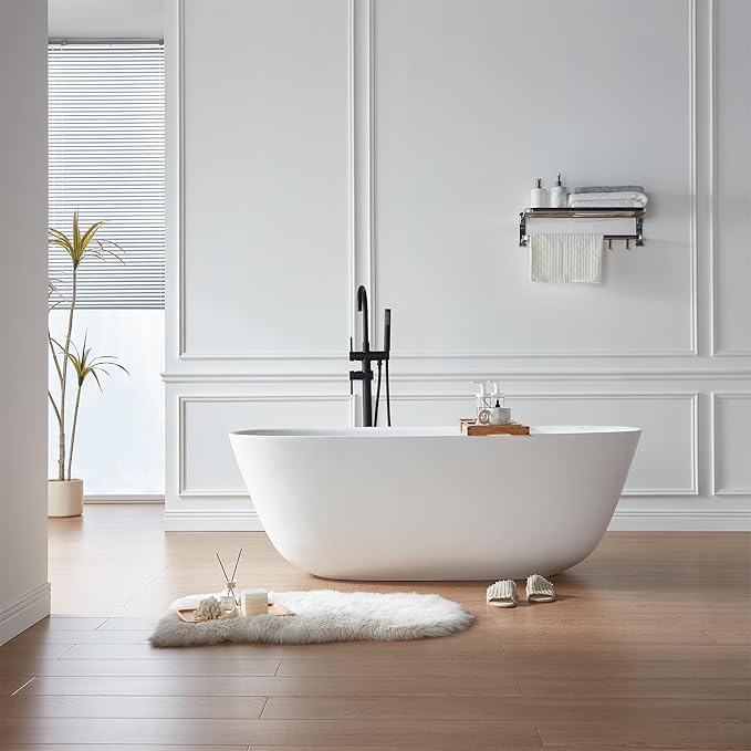Cpingao 55" Stone Resin Solid Surface Freestanding Bathtub, Modern Elegant Design Soaking Stand Alone Tub, Matte White, Chrome Drain and Overflow Included 8823A-1400