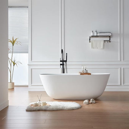 Cpingao (63"Lx31.5"Wx22"T) Stone Resin Solid Surface Freestanding Bathtub, Modern Elegant Design Soaking Stand Alone Tub, Matte White, Chrome Drain and Overflow Included 8823A