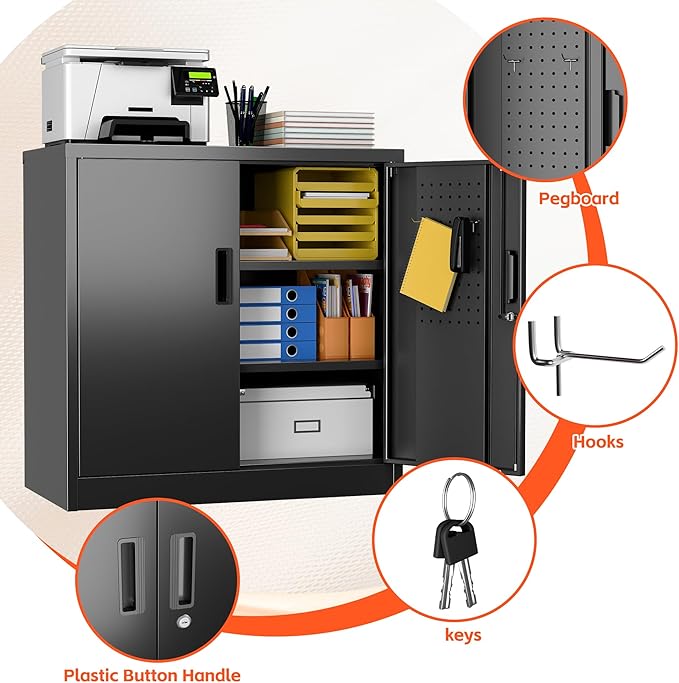 Aobabo 31.5" H Metal Storage Cabinet with 2 Shelves, Garage Storage Cabinet with Lock and 4 Hooks for Home Office Garage, Black, Assembly Required