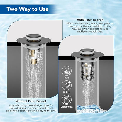 Hibbent 2 Pack 3 in 1 Bathroom Sink Drain Strainer, Universal Pop Up Stopper with Removable Stainless Steel Filter Basket Hair Catcher, Sink Plug for 1.1''~2.36'' Basin, Brass Bullet Core, Grey