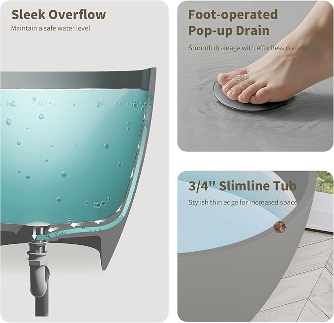 Abruzzo 59" Freestanding Bathtub Matte Grey - Solid Surface Stone Resin Soaking Tub with Overflow & Pop-Up Drain, cUPC Certified Easy Install Contemporary Bathtub for Modern Bathroom