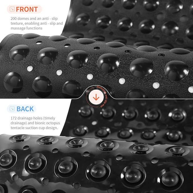 Anti-Slip Bathtub Shower mat, 39.3×15.7 inch（Approximately 100 × 40cm） Soft Oversized Machine Washable Non-Slip Bathtub mat with Drainage Holes, Bathroom Floor Suction Cup.（1-Opaque Black）