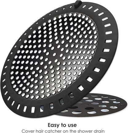 2PCS Shower Hair Drain Catcher/Strainer/Cover/Filter/Trap, Hair Stopper Floor Drain, Stainless Steel with Silicone Edge Drain Protector, Black, 4.75 Inch Diameter