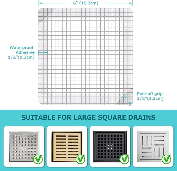 25 Pack, Disposable Shower Drain Hair Catcher Mesh Stickers, 6 inch, Square