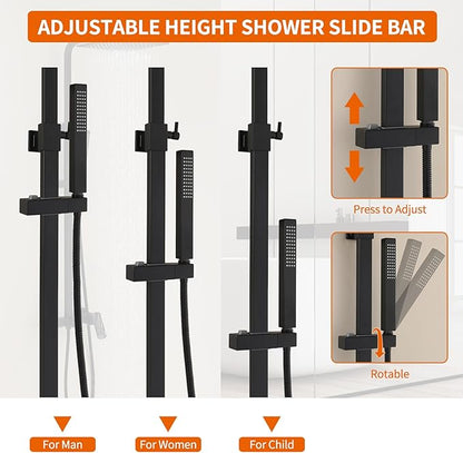 Exposed Shower System with Rain Shower and Handheld Sprayer, Outdoor Shower Fixture with Tub Spout, Rainfall Showerhead Faucet Combo Set for Bathroom Height Adjustable Shower Mixer Matte Black