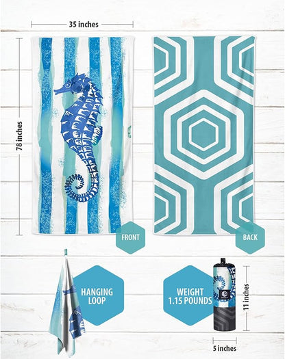 VENTURE 4TH Microfiber Beach Towel: Quick-Dry, Compact, Sand-Free, Absorbent, Sandproof and Lightweight - Perfect for Camping, Beach, and Roadtrips (Striped Seahorse Design | 35x78 inches)