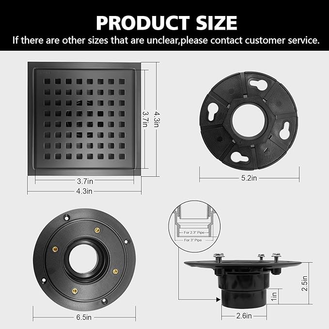 4 Inch Square Shower Drain with Flange, Removeable Grate SUS 304 Stainless Steel Shower Drain with Hair Catcher (Matte Black, 4 Inch)