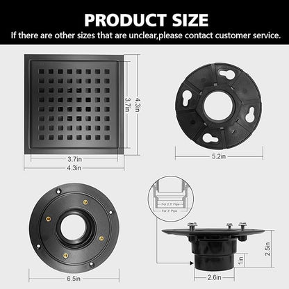4 Inch Square Shower Drain with Flange, Removeable Grate SUS 304 Stainless Steel Shower Drain with Hair Catcher (Matte Black, 4 Inch)