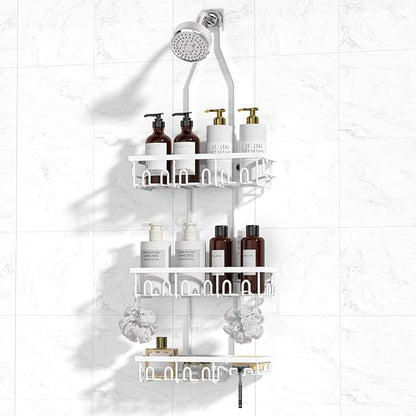 Shower Caddy,Rustproof Shower Shelves Over Shower Head,Extended Length shower rack with Soap HoSlder,White