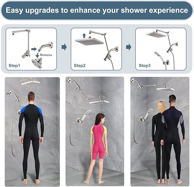 BRIGHT SHOWERS High Pressure Rain Shower Head Combo with Double Extension Arm, 8 Inch Rainfall Shower Head with Handheld Spray, Height Adjustable Dual Square Showerhead Set, Brushed Nickel