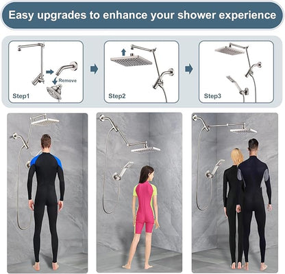 BRIGHT SHOWERS High Pressure Rain Shower Head Combo with Double Extension Arm, 8 Inch Rainfall Shower Head with Handheld Spray, Height Adjustable Dual Square Showerhead Set, Brushed Nickel