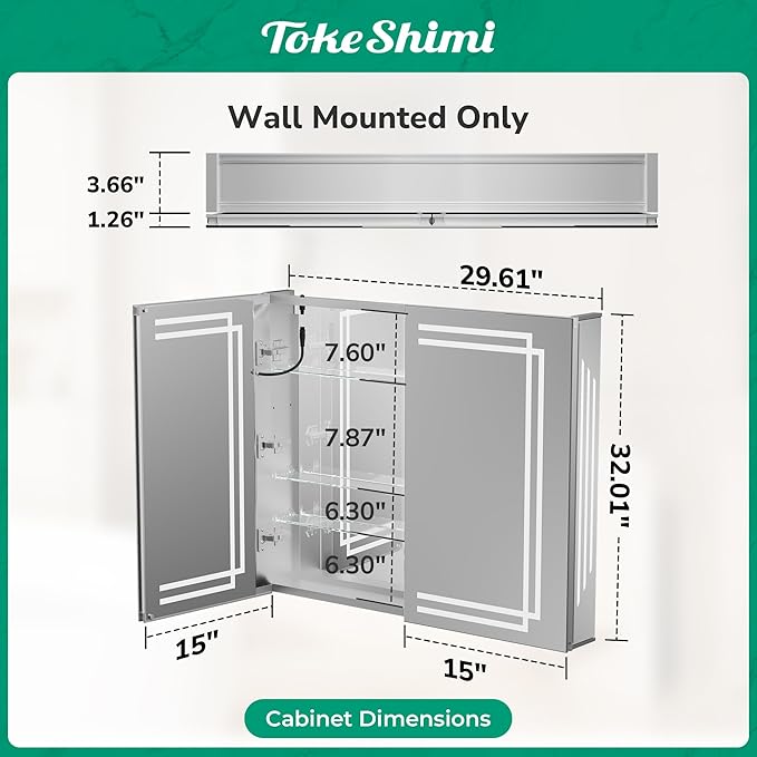 TokeShimi 30x32 Bathroom Mirror Medicine Cabinet with Light 3 Colors, Anti-Fog Tempered LED Mirror with Storage, Stepless Dimming CRI 80+, Memory Funtion, Wall Mirrored Cabinet for Bathroom Décor
