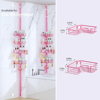 SWTYMIKI Shower Caddy Tension Pole - 4-Tier Corner Shower Organizer Tension Rod with Soap Holder, Toothbrush Holder & 4 Hooks, Adjustable Stainless Steel Bathroom Organizer 27.6 to 108.3 inch, Pink