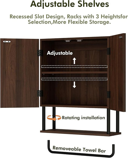 RUSTOWN Fluted Bathroom Wall Cabinet with 2 Doors, 3-Tier Modern Farmhouse Medicine Cabinet, Over The Toilet Storage Cabinet with Adjustable Shelf and Towel Bar (Dark Walnut, Medium)